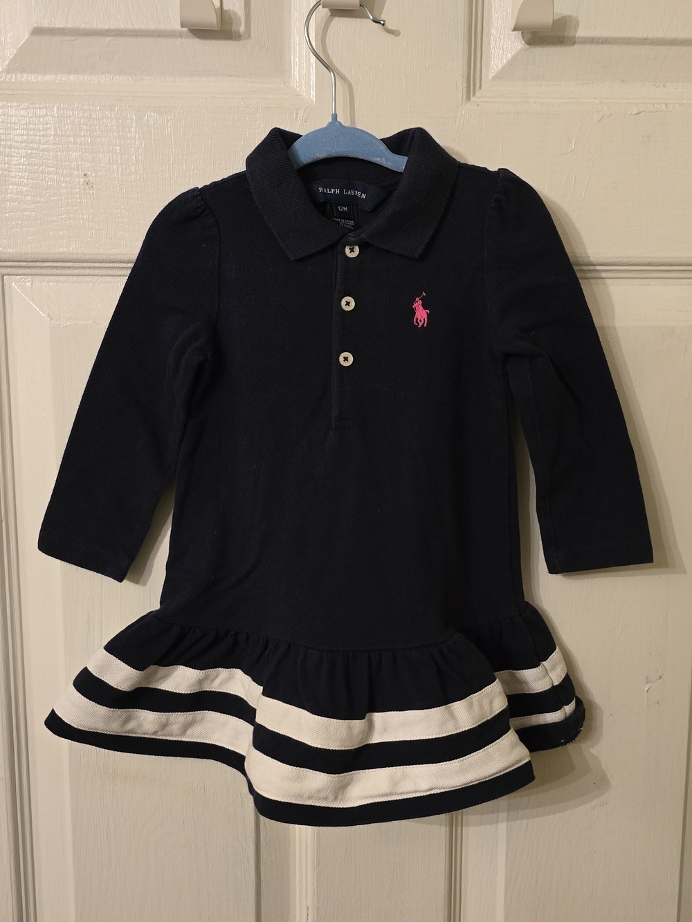 Ralph Lauren Navy Polo Dress with Pink Pony and Ivory Striped Hem